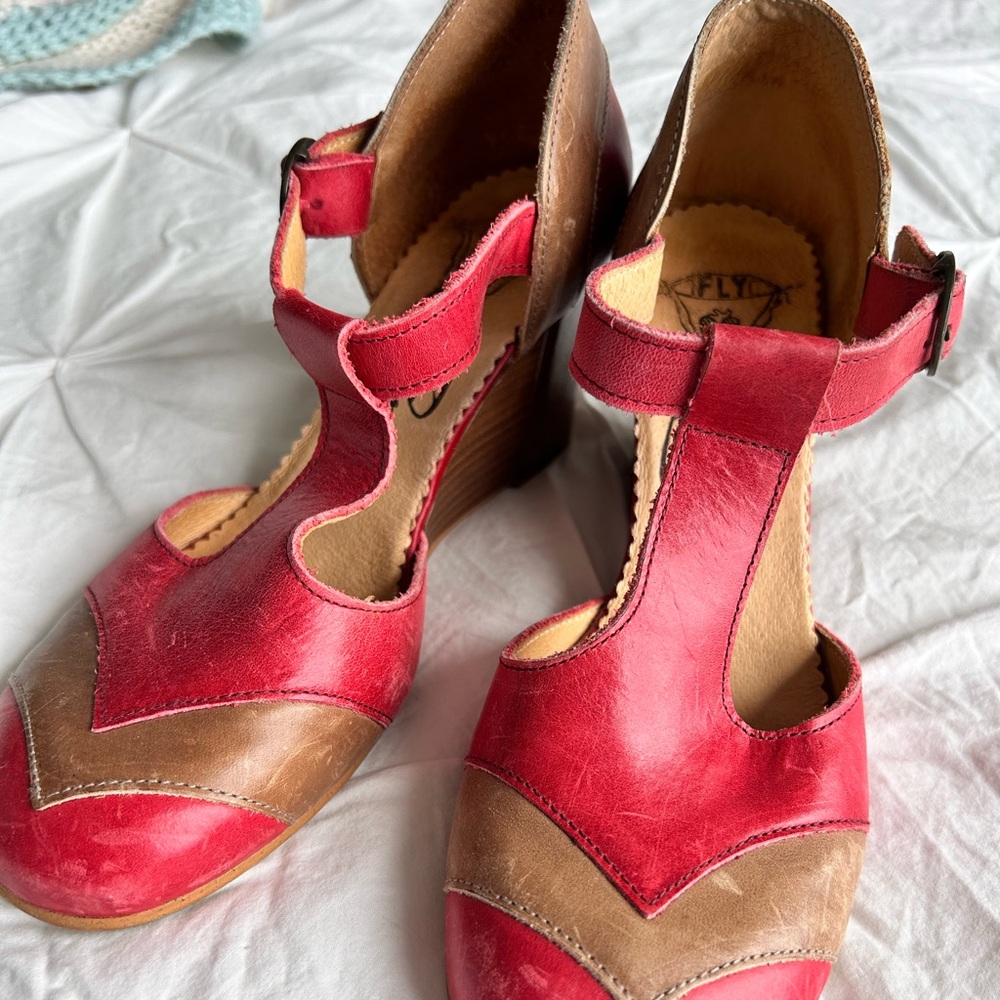 Fly London T strap wedges.